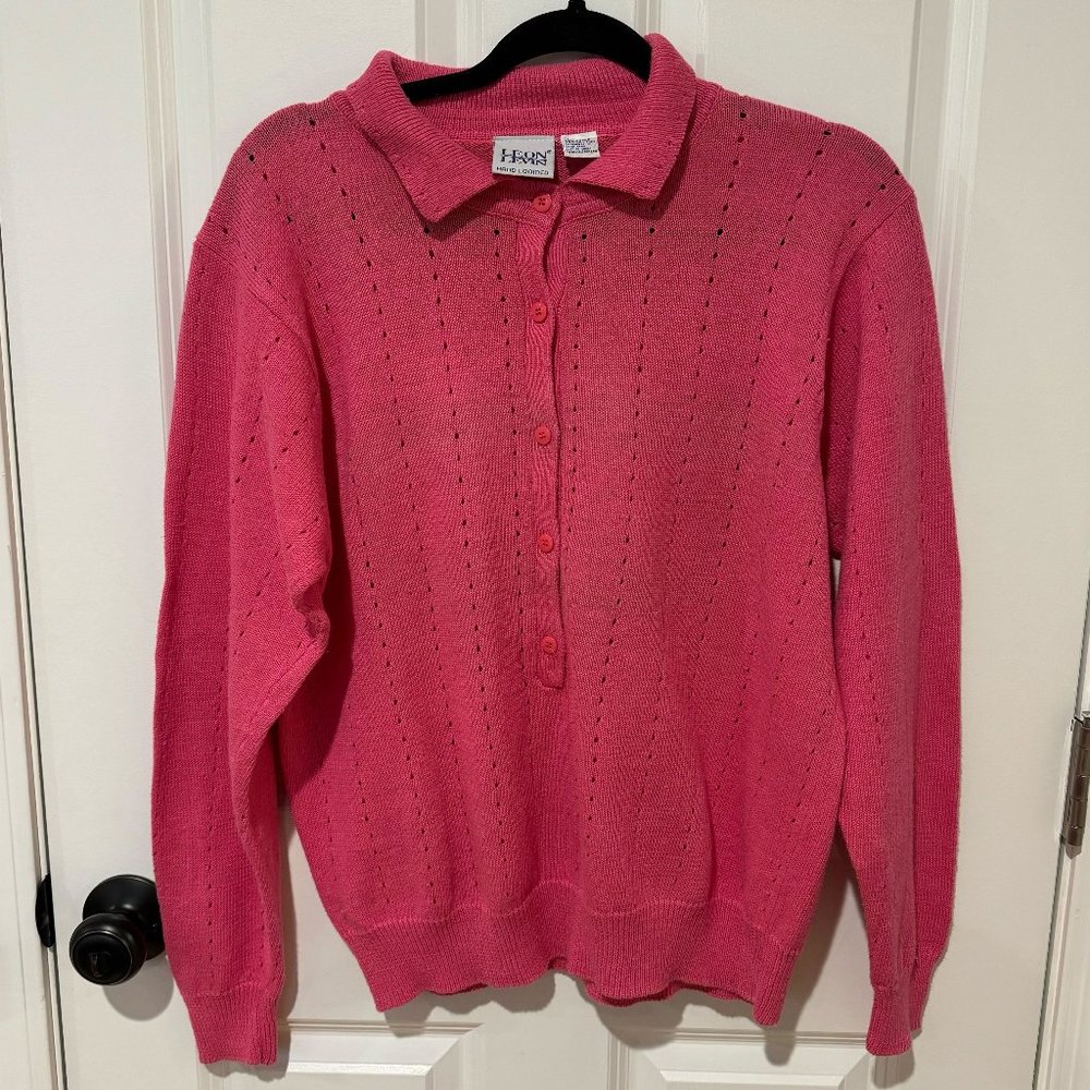 Vintage Leon Levin Hand Loomed Pink Button Up Granny Sweater - Size Large‎